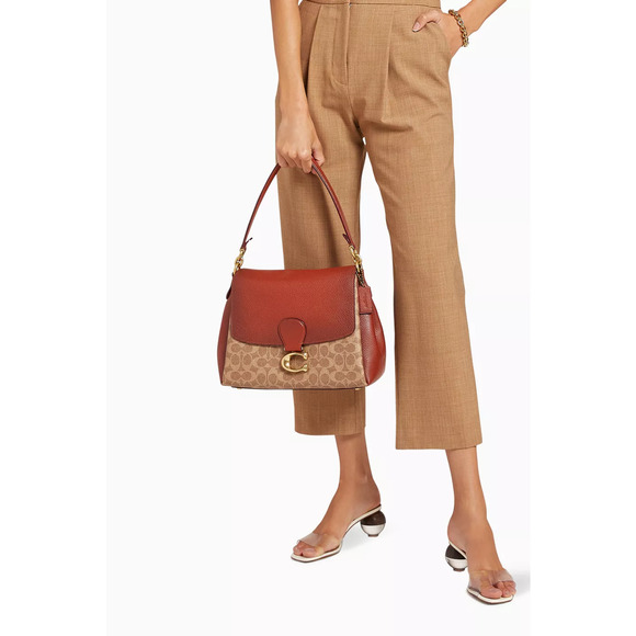Coach Signature Coated Canvas May Small Flap Shoulder Handbag Tan Rust - Picture 2 of 13